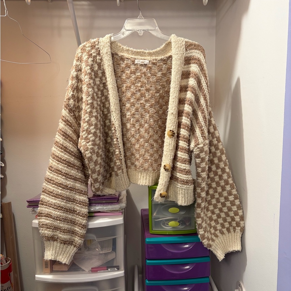 Pattern mixed cardigan, checkered & stripes